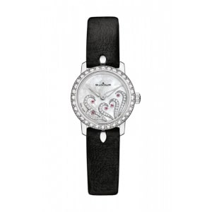 a women’s watch with ruby and diamond accents from Blancpain.