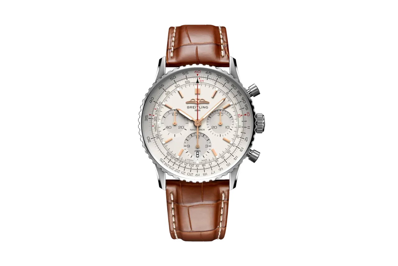 Breitling watch with a brown leather strap, silver bezel, and white dial with three sub-dials.