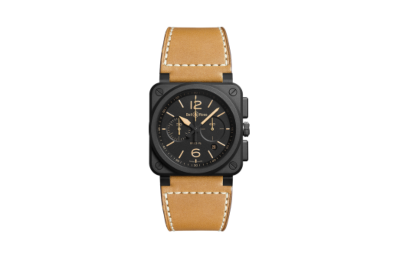 Bell & Ross watch with a light brown leather strap, a square black bezel, and a black dial.