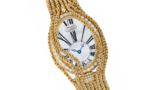 A close-up of an elaborate jewelry watch from Breguet, available at LV Luxury Jewelers.