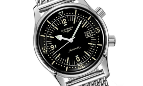A close-up of a sleek Longines stainless steel watch, available at LV Luxury Jewelers.
