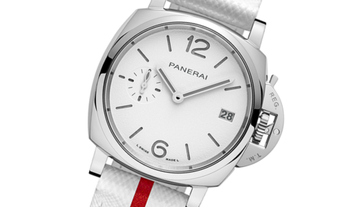 A close-up of a vibrant Panerai watch, available at LV Luxury Jewelers.