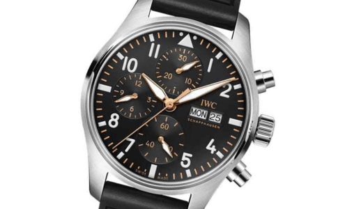 A close-up of a sleek Pilot’s watch from IWC Schaffhausen, available at Bellusso presented by LV Luxury Jewelers.