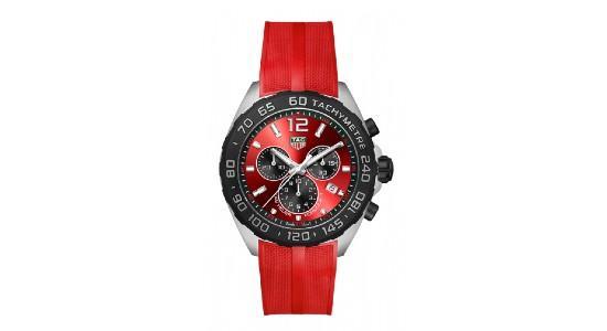 a silver, black, and red watch from TAG Heuer’s Formula 1 collection