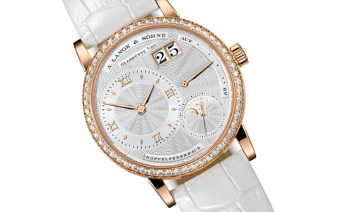 A close-up of an A. Lange & Sohne watch with diamond accents and multiple complications, available at LV Luxury’s Bellusso boutique.