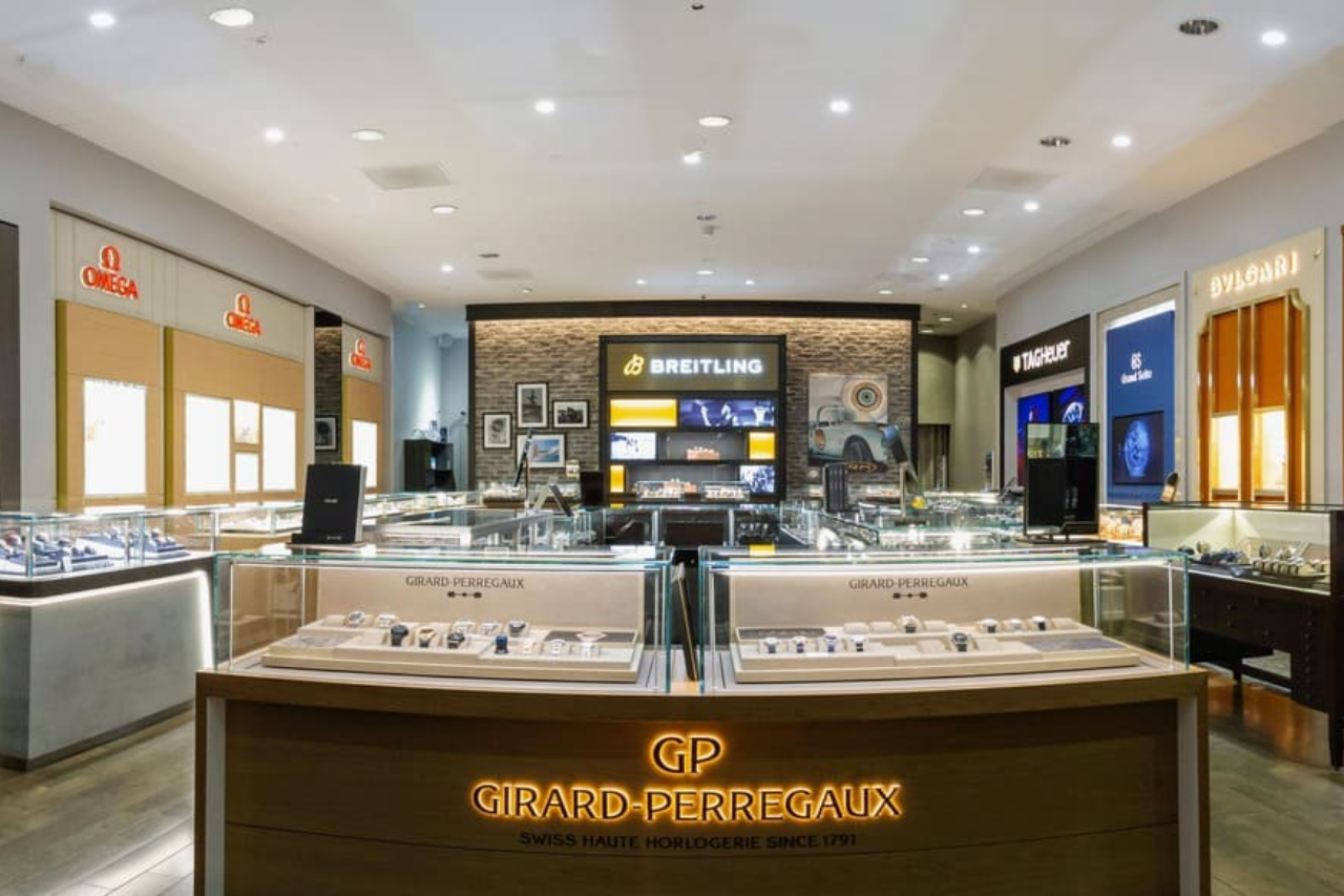 A wide view of LV Luxury’s Horologio boutique showroom, featuring a wide selection of designer timepieces.