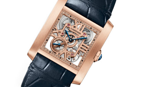 A close-up of a Cartier Tank Française skeleton watch, available at LV Luxury’s Horologio boutique.