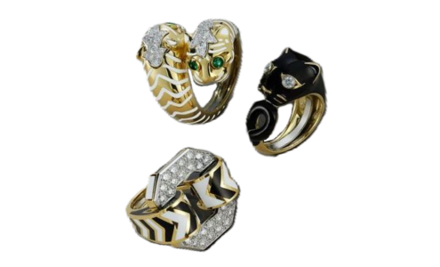 A selection of three bold and distinctive David Webb rings with animal motifs, available at LV Luxury Jewelers.